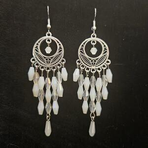 Antique silver go-go and clear/white glass crystal chandelier earrings